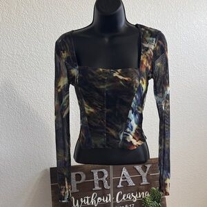 Steve Madden Fitted Mesh Print Long Sleeve Shirt XS New Without Tags